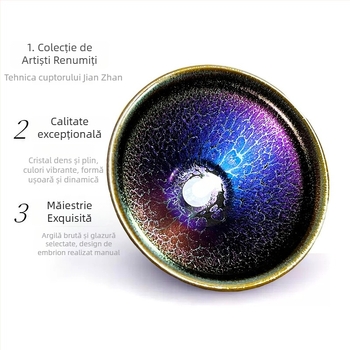 Ceasă de ceai Jian Zhan de înaltă calitate, bază din fier, glazură colorată cu picături de ulei, stil Tianmu, set cadou în cutie