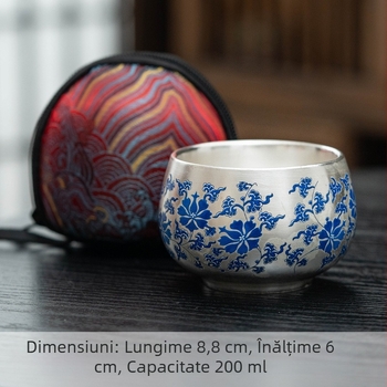 Ceașcă de ceai din argint placat cu aur, cu motiv lotus albastru și alb, stil chinezesc nou