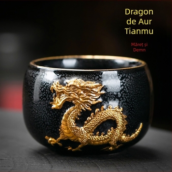 Ceșcuță de ceai din porțelan, zodiac Dragon Year, relief cu aur, Jianzhan Master Cup în cutie cadou