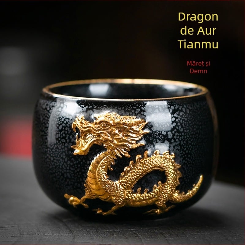 Ceșcuță de ceai din porțelan, zodiac Dragon Year, relief cu aur, Jianzhan Master Cup în cutie cadou