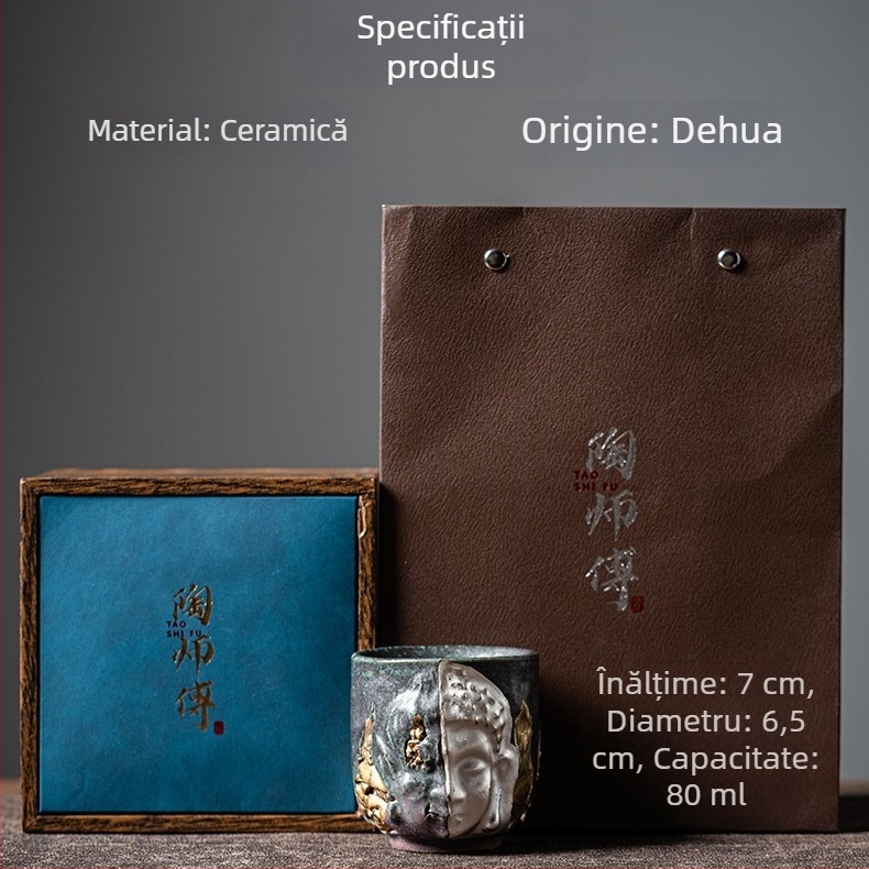 Ceșuță de ceai ceramică, realizată manual, cu glazură aur-argint, pentru uz personal acasă; ceașcă decorativă cu motiv zei și demoni.