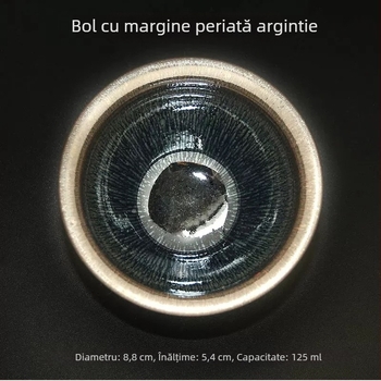 Ceșcuță de ceai cu glazură argintie și glazură albastră cu picături uleioase, pe corp de fier, porțelan negru, ceașcă principală, de înaltă calitate