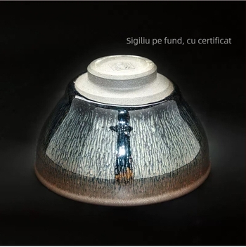 Ceșcuță de ceai cu glazură argintie și glazură albastră cu picături uleioase, pe corp de fier, porțelan negru, ceașcă principală, de înaltă calitate