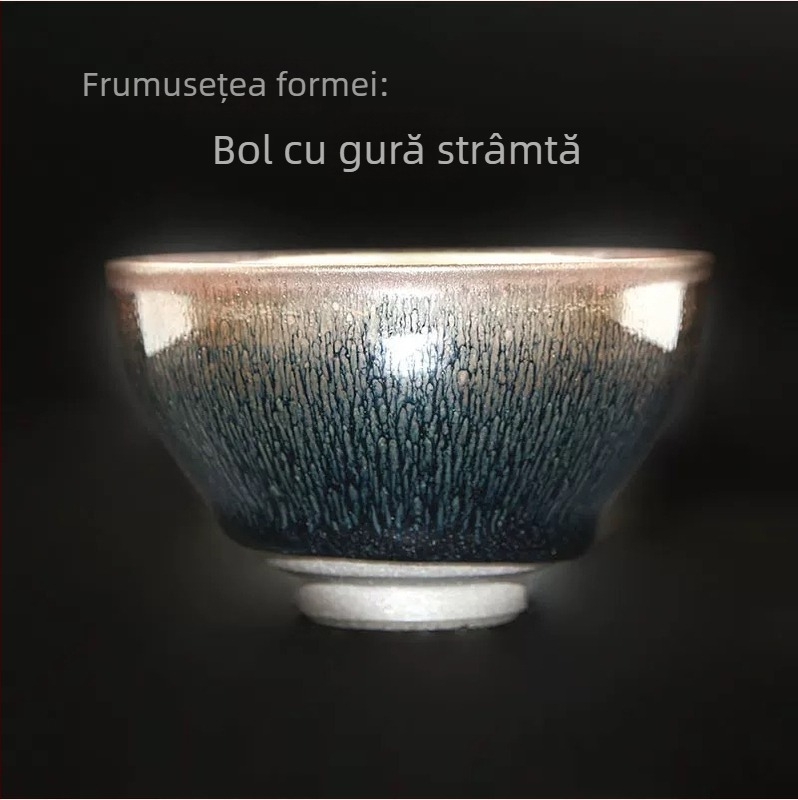 Ceșcuță de ceai cu glazură argintie și glazură albastră cu picături uleioase, pe corp de fier, porțelan negru, ceașcă principală, de înaltă calitate