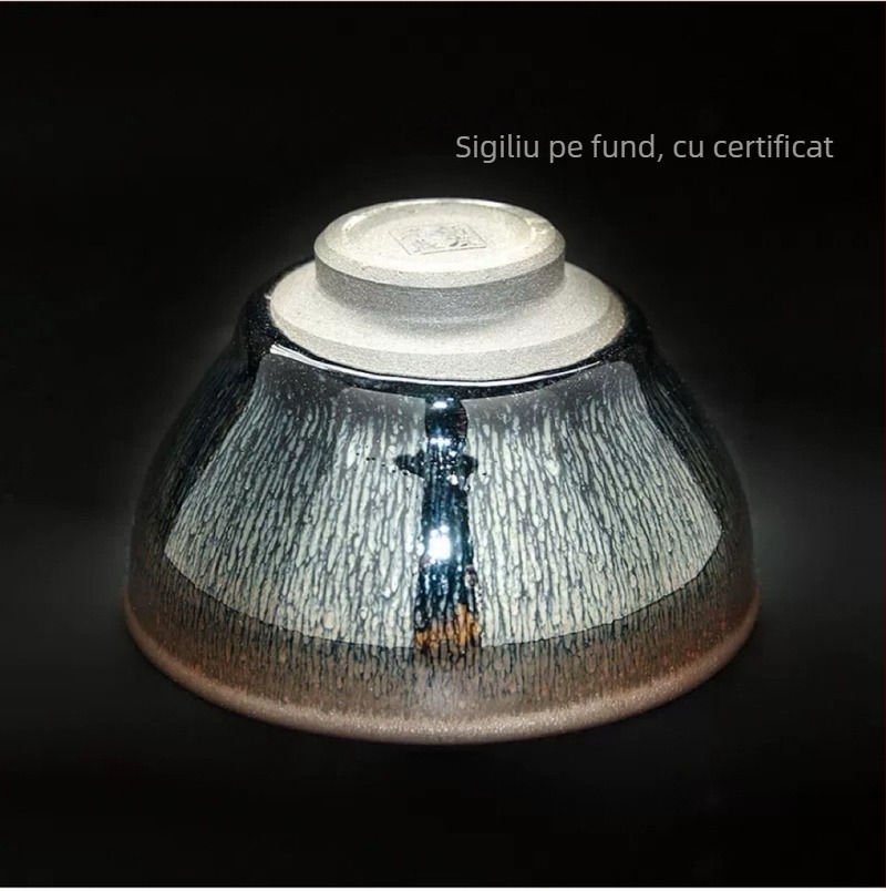 Ceșcuță de ceai cu glazură argintie și glazură albastră cu picături uleioase, pe corp de fier, porțelan negru, ceașcă principală, de înaltă calitate