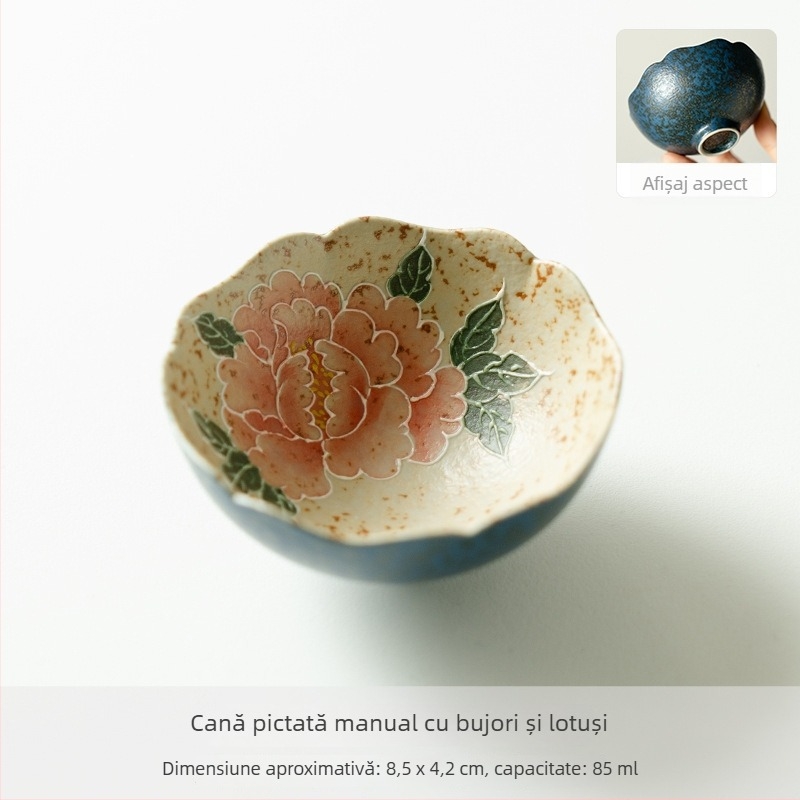 Ceșcuță de ceai din porțelan pictată manual, cu motiv de bujor și lotus, stil chinezesc