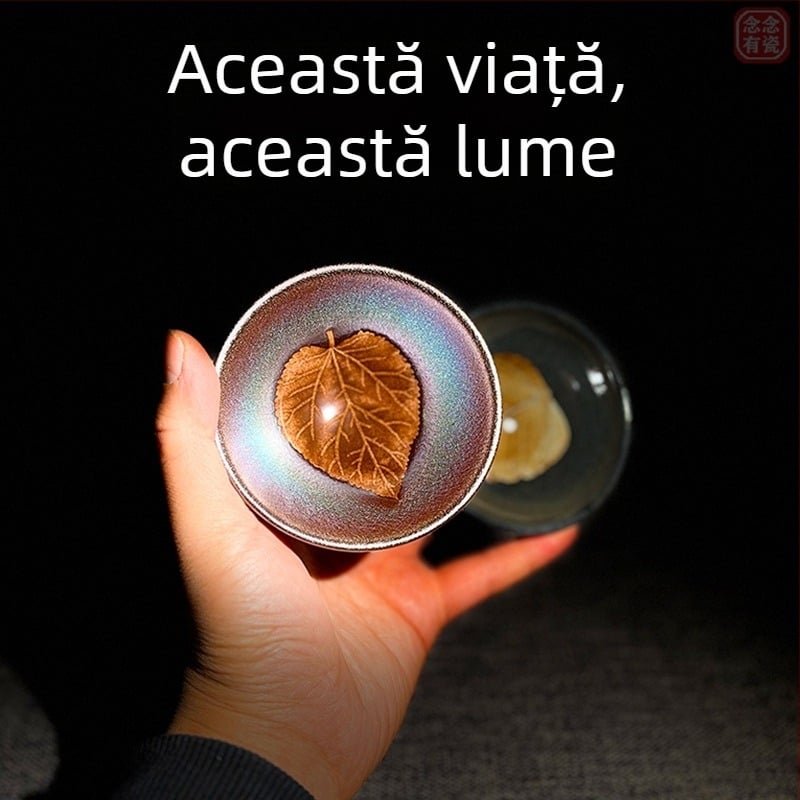Cupe de ceai moderne pentru cuplu, cu motiv frunză, în cutie cadou – set de ceai ceramic