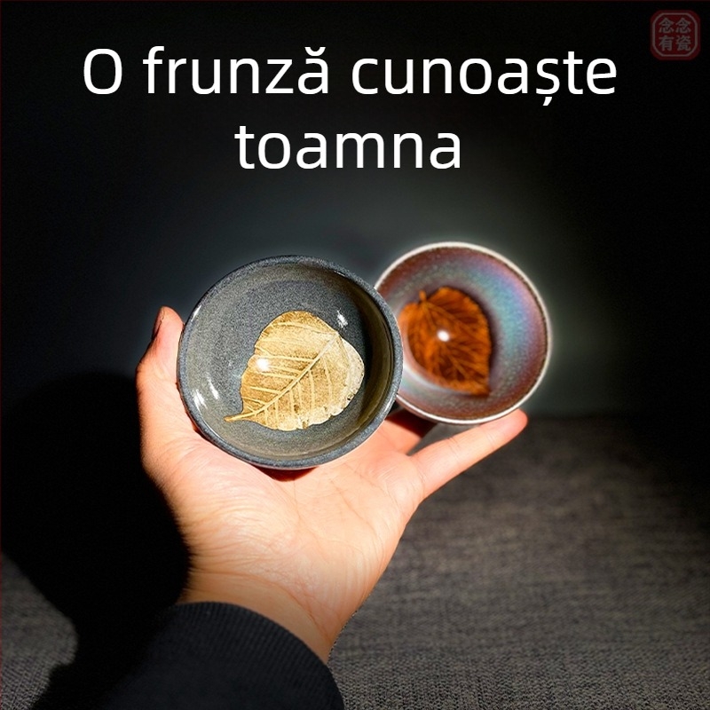 Cupe de ceai moderne pentru cuplu, cu motiv frunză, în cutie cadou – set de ceai ceramic