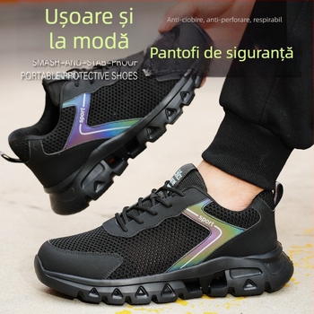 Pantofi de lucru cu plasă, vară, pentru bărbați, respirabili, ușori, vârf din oțel, protecție anti-șoc și anti-perforație, talpă moale, rezistenți la uzură