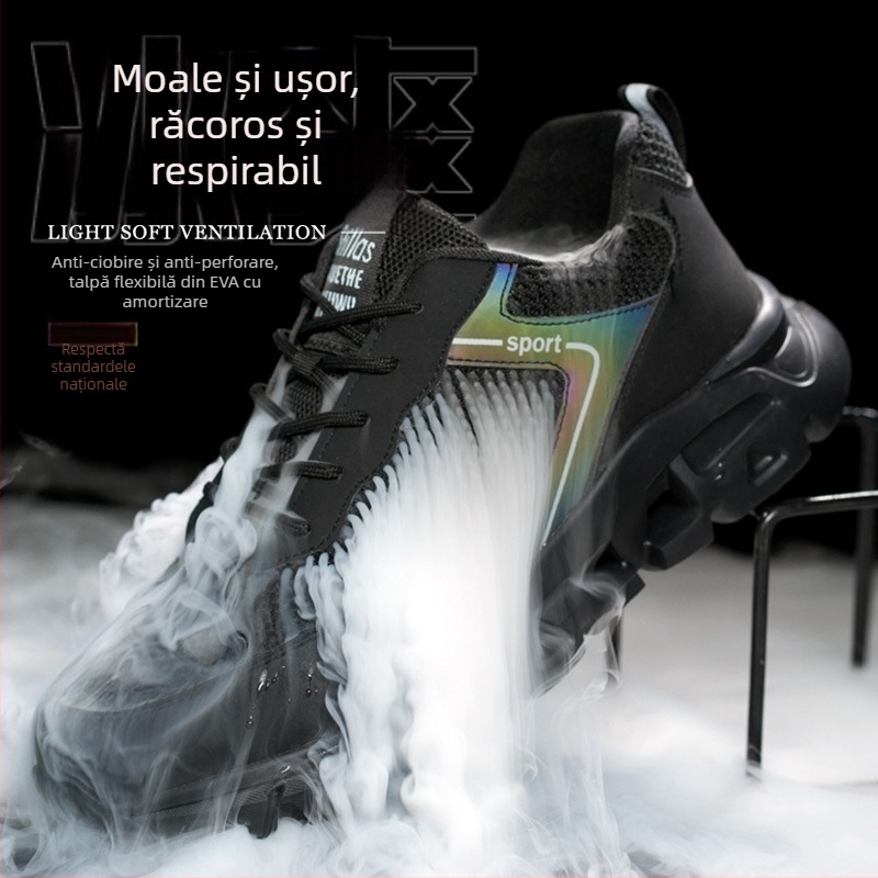 Pantofi de lucru cu plasă, vară, pentru bărbați, respirabili, ușori, vârf din oțel, protecție anti-șoc și anti-perforație, talpă moale, rezistenți la uzură
