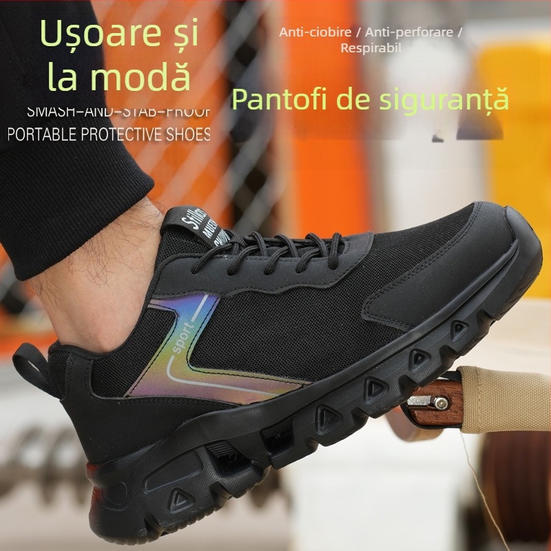 Pantofi de lucru cu plasă, vară, pentru bărbați, respirabili, ușori, vârf din oțel, protecție anti-șoc și anti-perforație, talpă moale, rezistenți la uzură