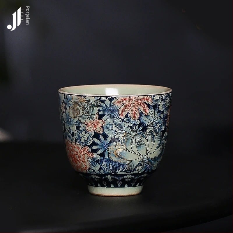 Ceașcă de ceai în stil chinezesc Ru kiln, cu model floral și glazură crăpată, pentru uz personal, porțelan de înaltă calitate
