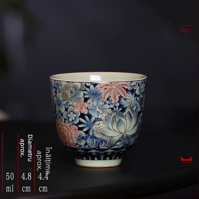 Ceașcă de ceai în stil chinezesc Ru kiln, cu model floral și glazură crăpată, pentru uz personal, porțelan de înaltă calitate