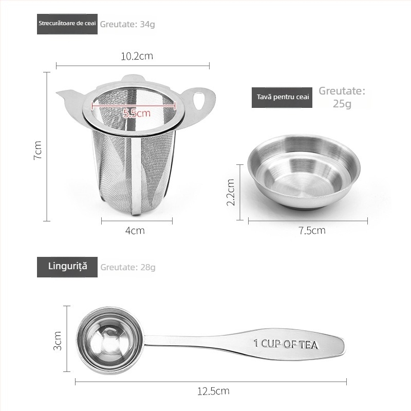 Filtru de ceai din oțel inoxidabil 304, farfuriu pentru ceai și linguriță – uz casnic