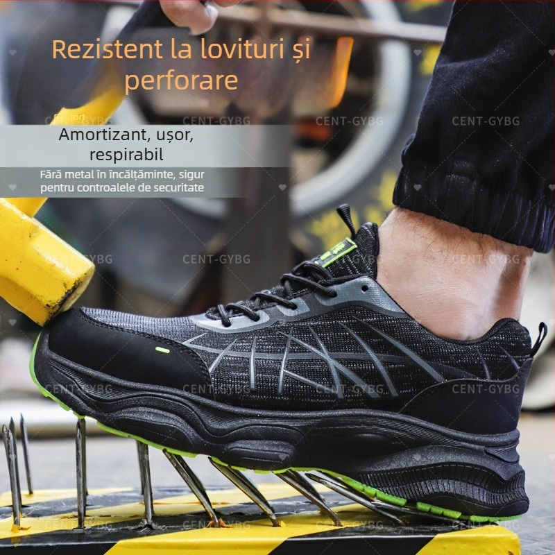 Pantofi de protecție pentru bărbați, anti-șoc și anti-perforație, respirabili, pentru patru sezoane, partea superioară din plasă tricotată
