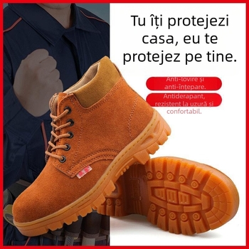 Pantofi de protecție pentru bărbați, vârf din oțel, rezistenți la lovire și perforare, piele naturală, anti-miros, rezistenți la căldură și temperaturi înalte, talpă cu placă metalică