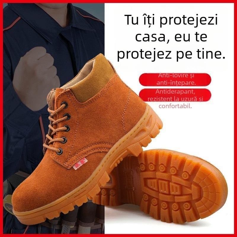 Pantofi de protecție pentru bărbați, vârf din oțel, rezistenți la lovire și perforare, piele naturală, anti-miros, rezistenți la căldură și temperaturi înalte, talpă cu placă metalică