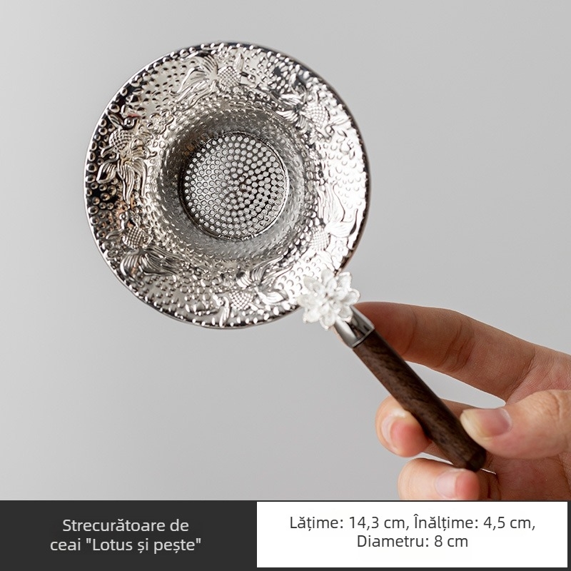 Filtru de ceai din oțel inoxidabil 304, cu mâner, pentru ceremonia Gongfu, argintiu