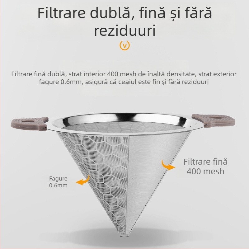 Filtru de ceai din oțel inoxidabil 304 pentru ceai cu lapte, cu mânere duble, filtru cu plasă ultra-fină, capacitate mare