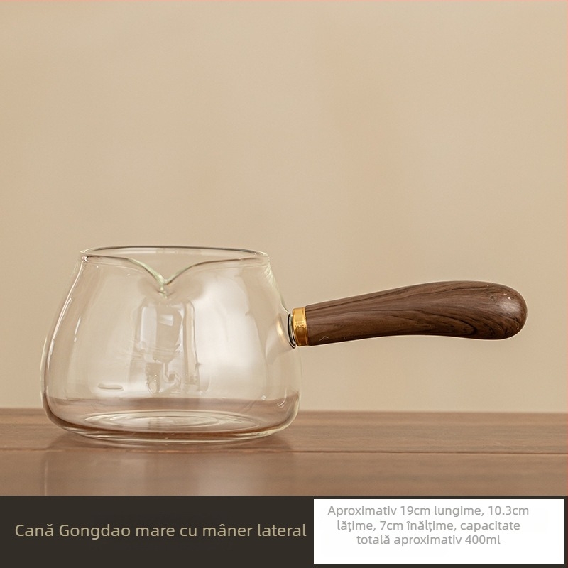 Ceșcuță Gongfu cu mâner din lemn, sticlă borosilicată, mâner lateral, pereți groși, rezistentă la temperaturi înalte, accesorii de ceai