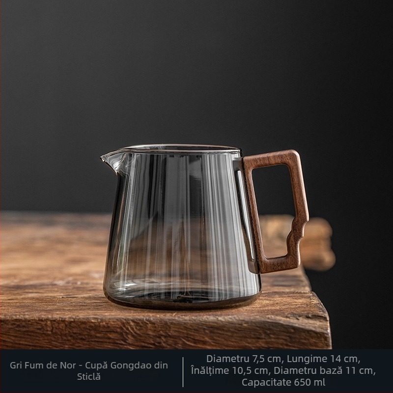 Set de ceai din sticlă borosilicat cu mâner din nuc — ceașcă de distribuție, ceainic și strecurător