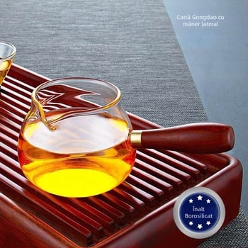 Cană de ceai din sticlă borosilikat transparentă, cu mâner din lemn, pentru servire acasă, cu gură ascuțită