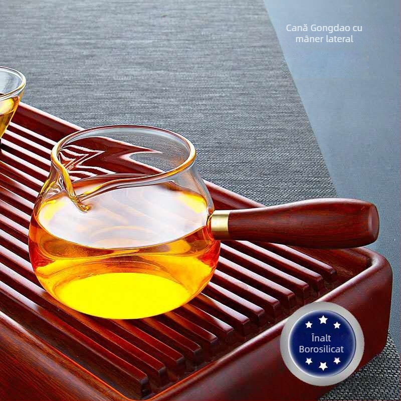 Cană de ceai din sticlă borosilikat transparentă, cu mâner din lemn, pentru servire acasă, cu gură ascuțită