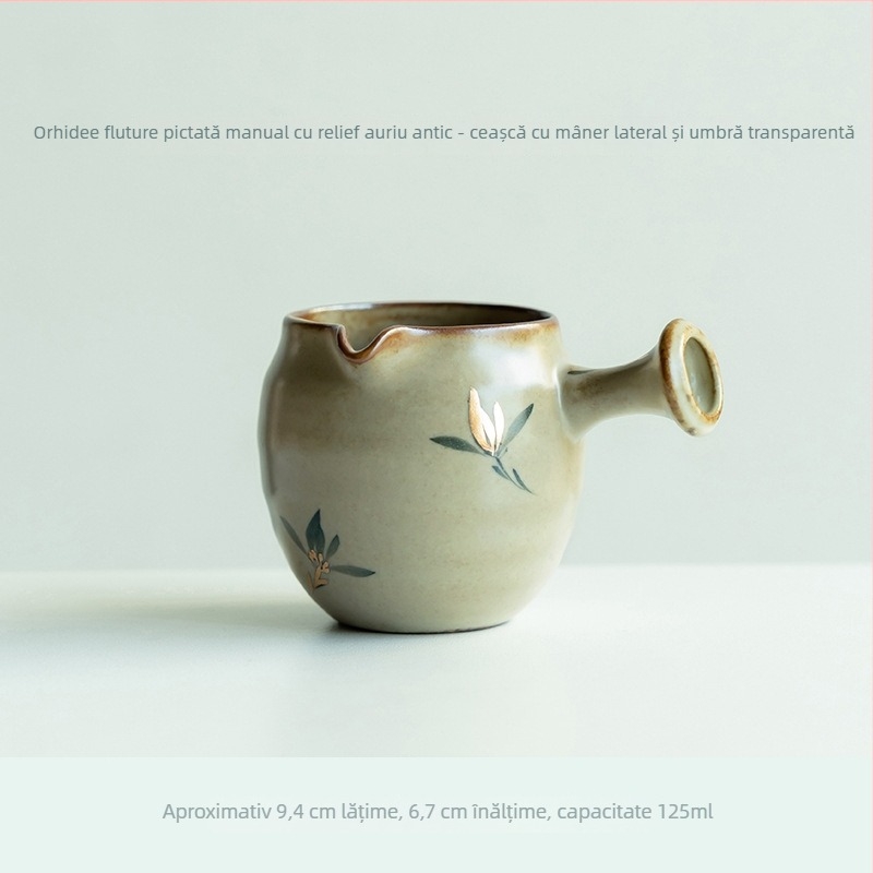 Portelan pictat manual, stil antic, cu motivul fluture-orhidee, mâner lateral, ceașcă de distribuție a ceaiului și accesorii de ceai