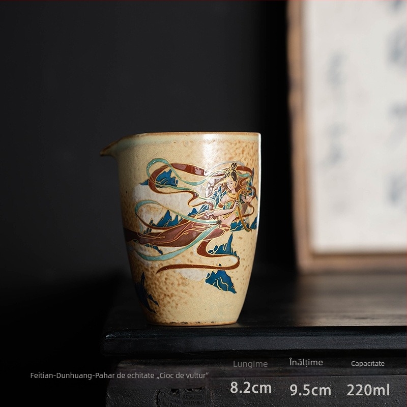 Set ceramic Gongfu pentru ceai cu ceșcuță de distribuție a ceaiului și dozator, Tea Sea, motiv din peșterile Mogao – Apsaras zburătoare