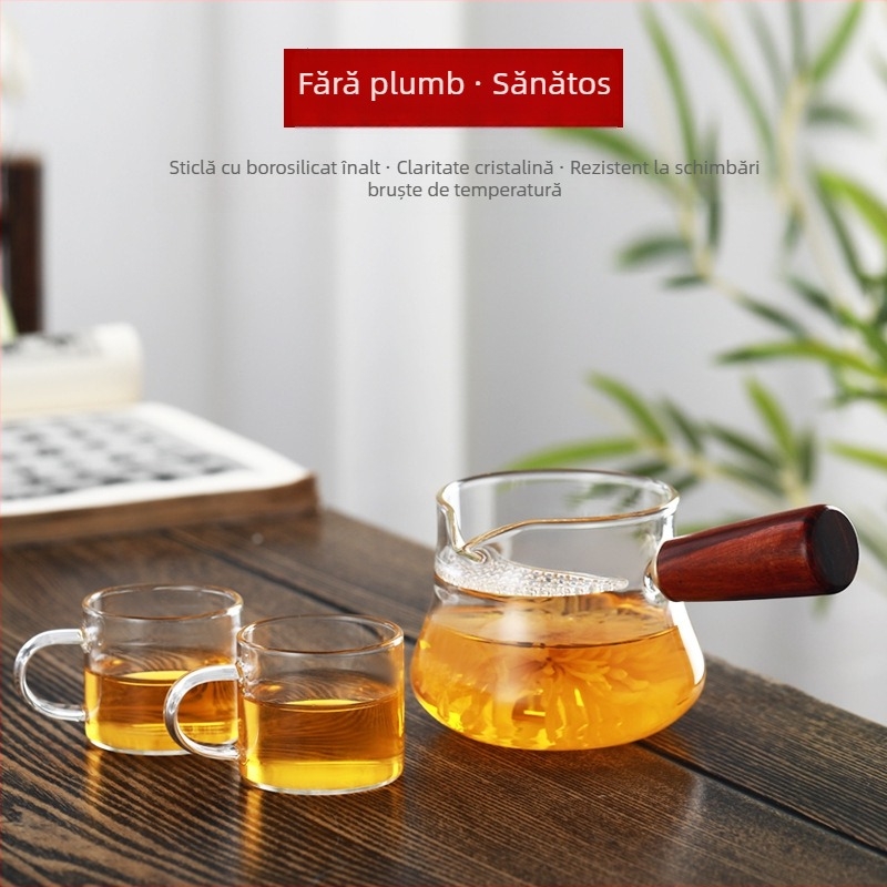 Set Gongfu ceai rezistent la căldură, ceașcă din sticlă cu mâner lateral și mâner din lemn, tavă de ceai cu filtru, pentru uz casnic