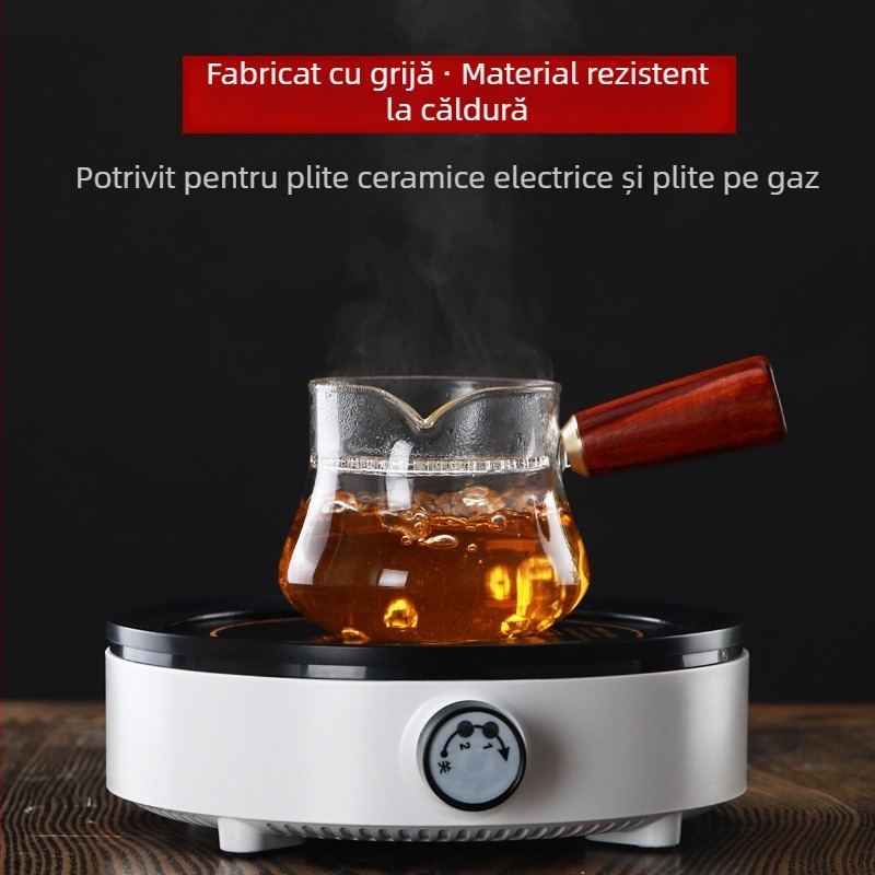 Set Gongfu ceai rezistent la căldură, ceașcă din sticlă cu mâner lateral și mâner din lemn, tavă de ceai cu filtru, pentru uz casnic