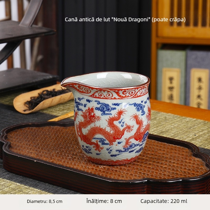 Set ceramic Kung Fu pentru ceai: cană de distribuție a ceaiului, vas de ceai și separator de ceai, stil retro cu nouă dragoni în glazură roșie subglazură