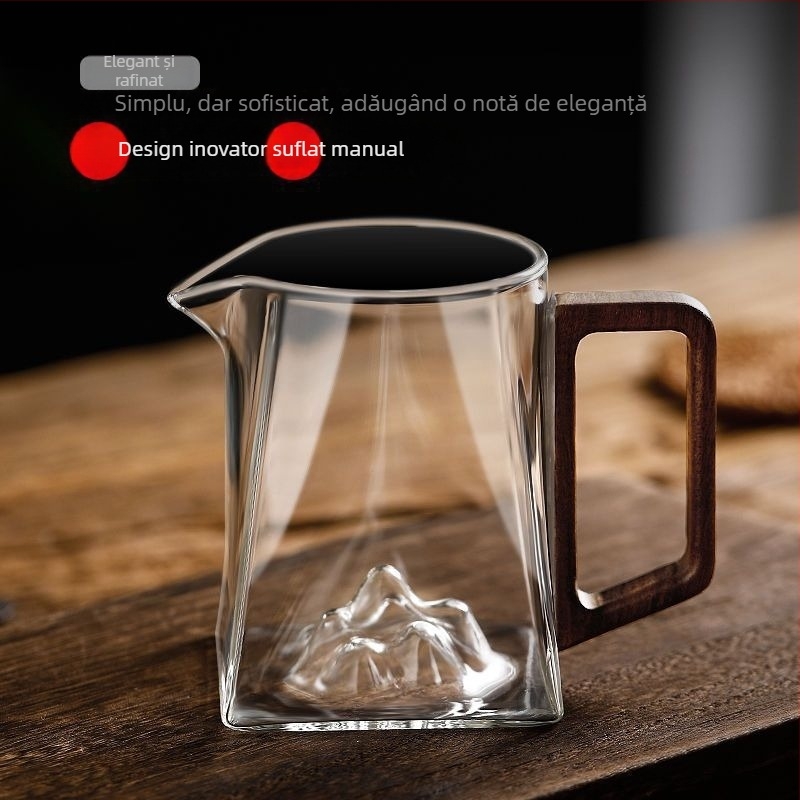 Ceașcă de ceai din sticlă cu mâner din lemn, întărită și rezistentă la căldură, filtru de ceai și separator, set pentru ceremonii de ceai, stil modern minimalist.