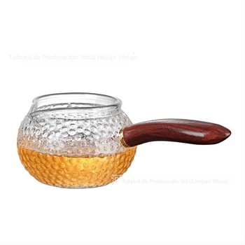 Ceșă de ceai din sticlă borosilicat de înaltă calitate, cu mâner din lemn gros, mâner lateral texturat, accente de nuc, design modern minimalist