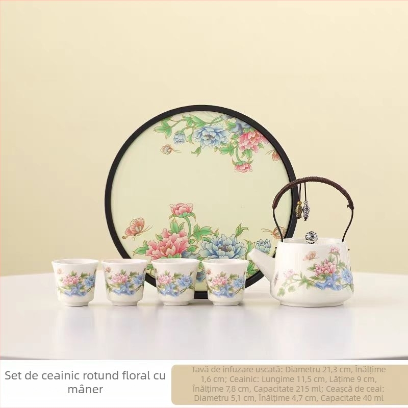 Set de ceai Kung Fu din porțelan, ceainic și cești, stil chinezesc, design floral, mâner cu protecție împotriva arsurilor, pentru uz casnic