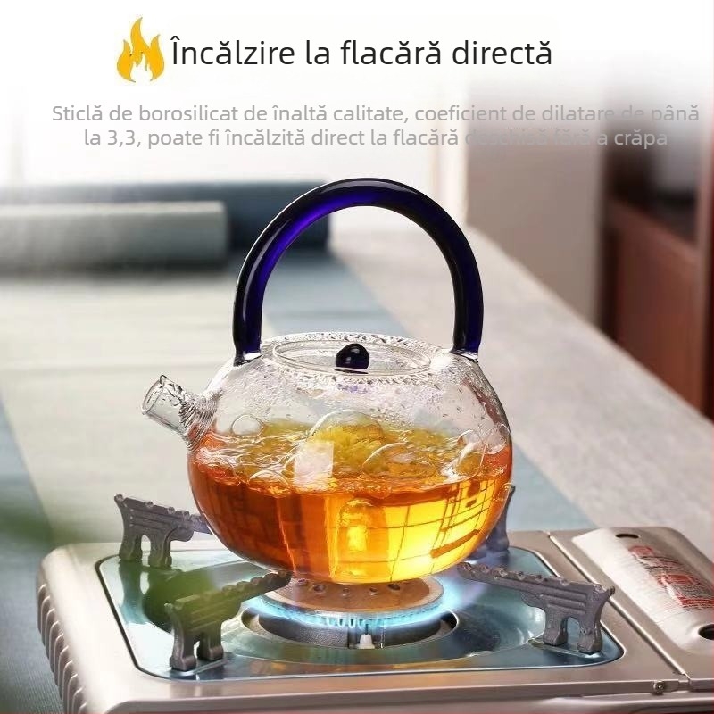 Ceainic din sticlă cu mâner, din sticlă rezistentă la temperaturi înalte; set de ceai din sticlă; fierbător pentru apă pe plita electrică ceramică; recipient pentru infuzare rece în frigider.