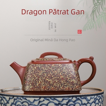 Ceainic din lut purpuriu, model dragon pătrat, lucrat manual de maeștri renumiți