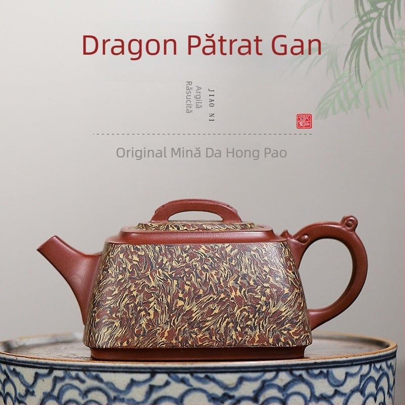 Ceainic din lut purpuriu, model dragon pătrat, lucrat manual de maeștri renumiți