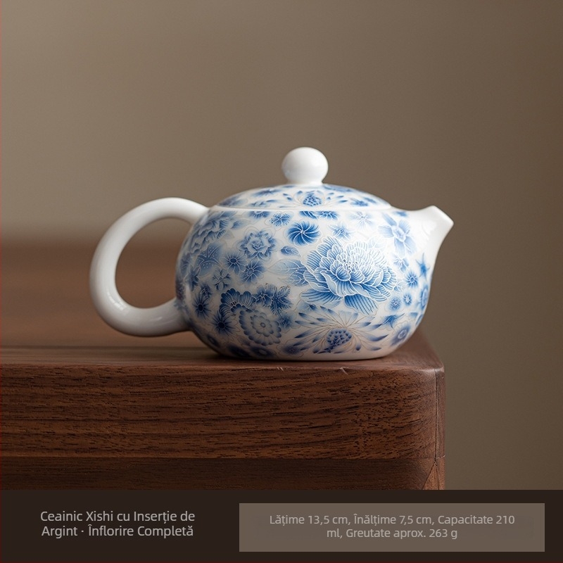 Ceainic Xishi albastru-alb cu ceașcă, set Kung Fu din ceramică