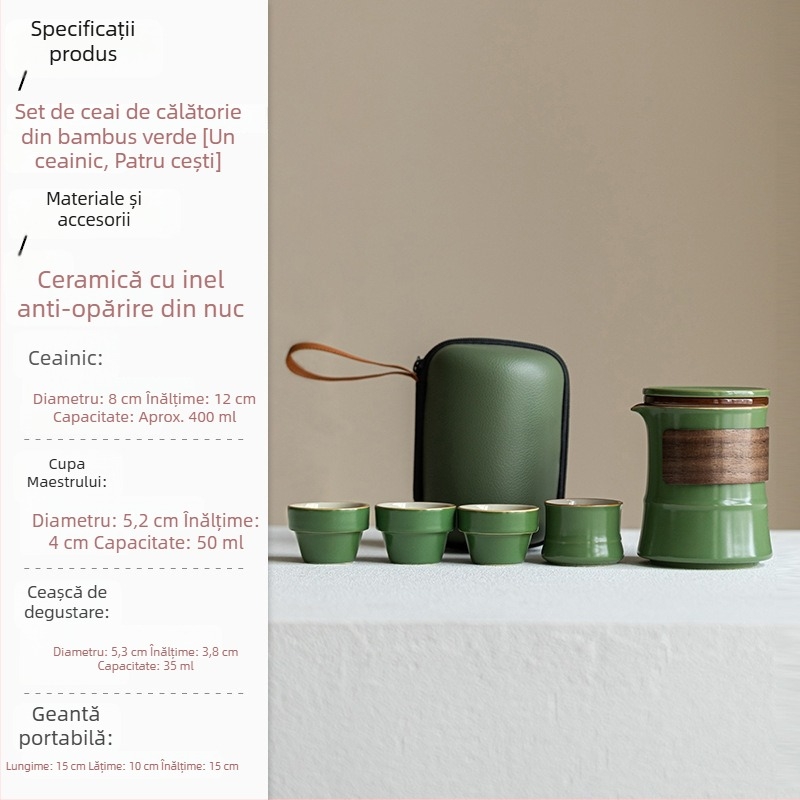 Set ceramic de ceai cu bambus pentru călătorii - 1 ceainic și 4 cești, portabil pentru exterior