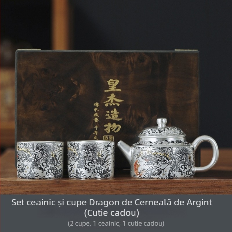 Set Gongfu de ceai realizat manual, argint placat cu aur, Dragon cu cerneală, 1 ceainic și 2 cești – cadou elegant pentru casă