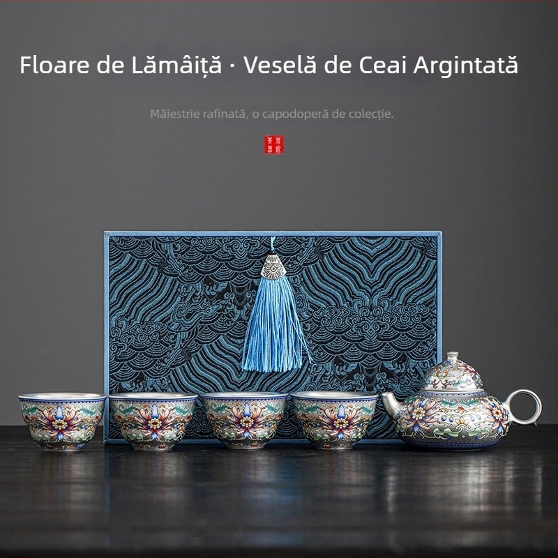 Set de ceai din porțelan placat cu argint, ceainic și cești în stil chinezesc, cutie cadou premium