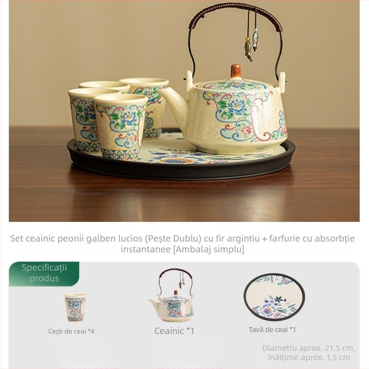 Set de ceai porțelan Kung Fu cu ceainic și patru cești – set mic pentru uz casnic, model bujor