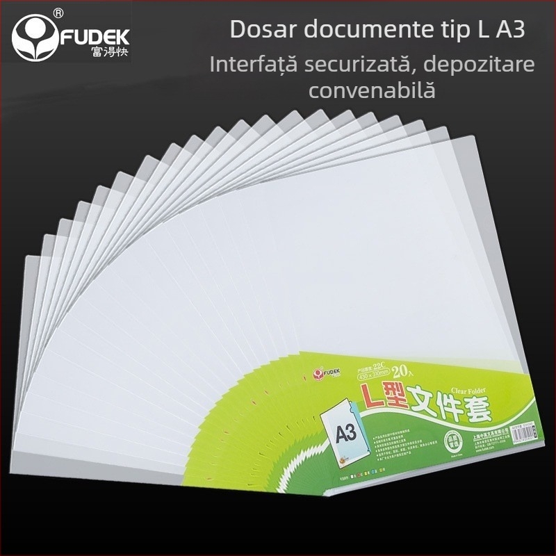  Dosar A3 transparent cu clemă în formă de L, buzunar pentru o singură pagină, dosar FC