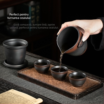 Set portabil de ceai din ceramică mov, ceainic și cești pentru camping – 1 ceainic, 4 cești