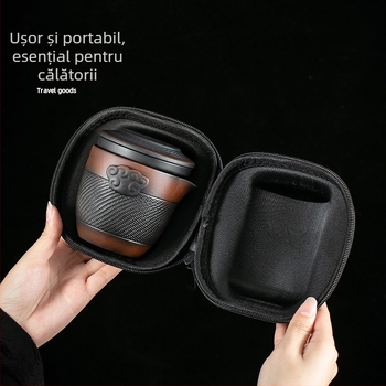 Set portabil de ceai din ceramică mov, ceainic și cești pentru camping – 1 ceainic, 4 cești