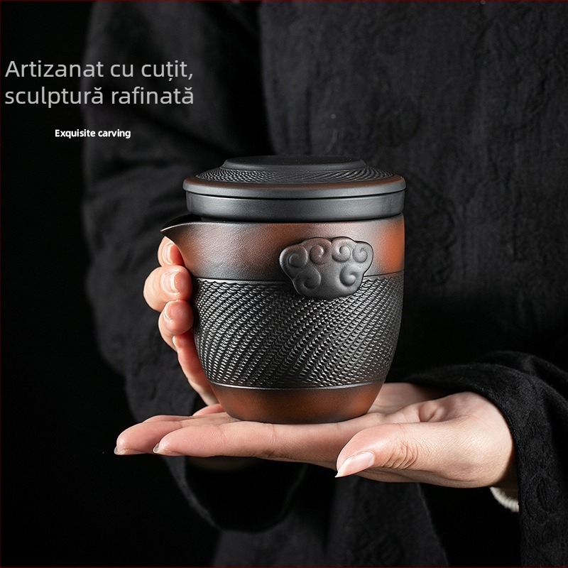 Set portabil de ceai din ceramică mov, ceainic și cești pentru camping – 1 ceainic, 4 cești