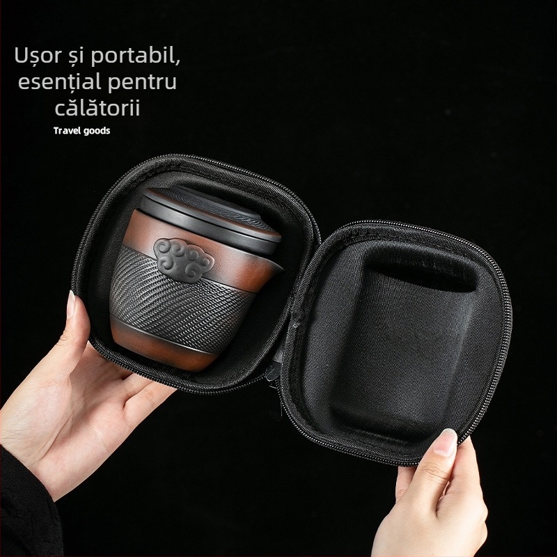 Set portabil de ceai din ceramică mov, ceainic și cești pentru camping – 1 ceainic, 4 cești