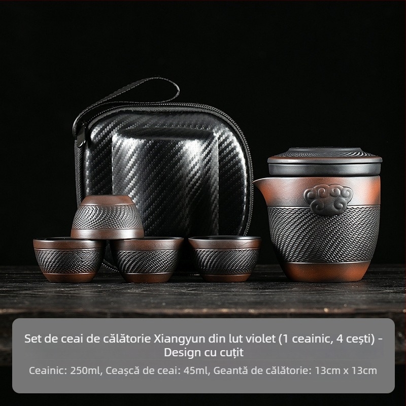 Set portabil de ceai din ceramică mov, ceainic și cești pentru camping – 1 ceainic, 4 cești