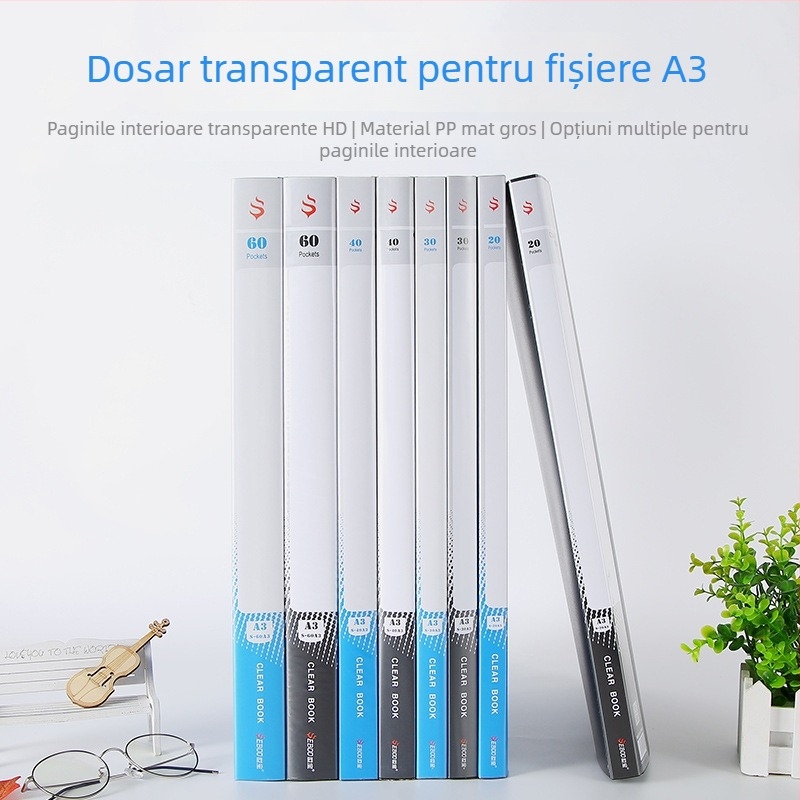 Shibao dosar A3 din plastic, dosar de tip album pentru foi detașabile, dosar pentru teste, partituri și album foto imprimabil